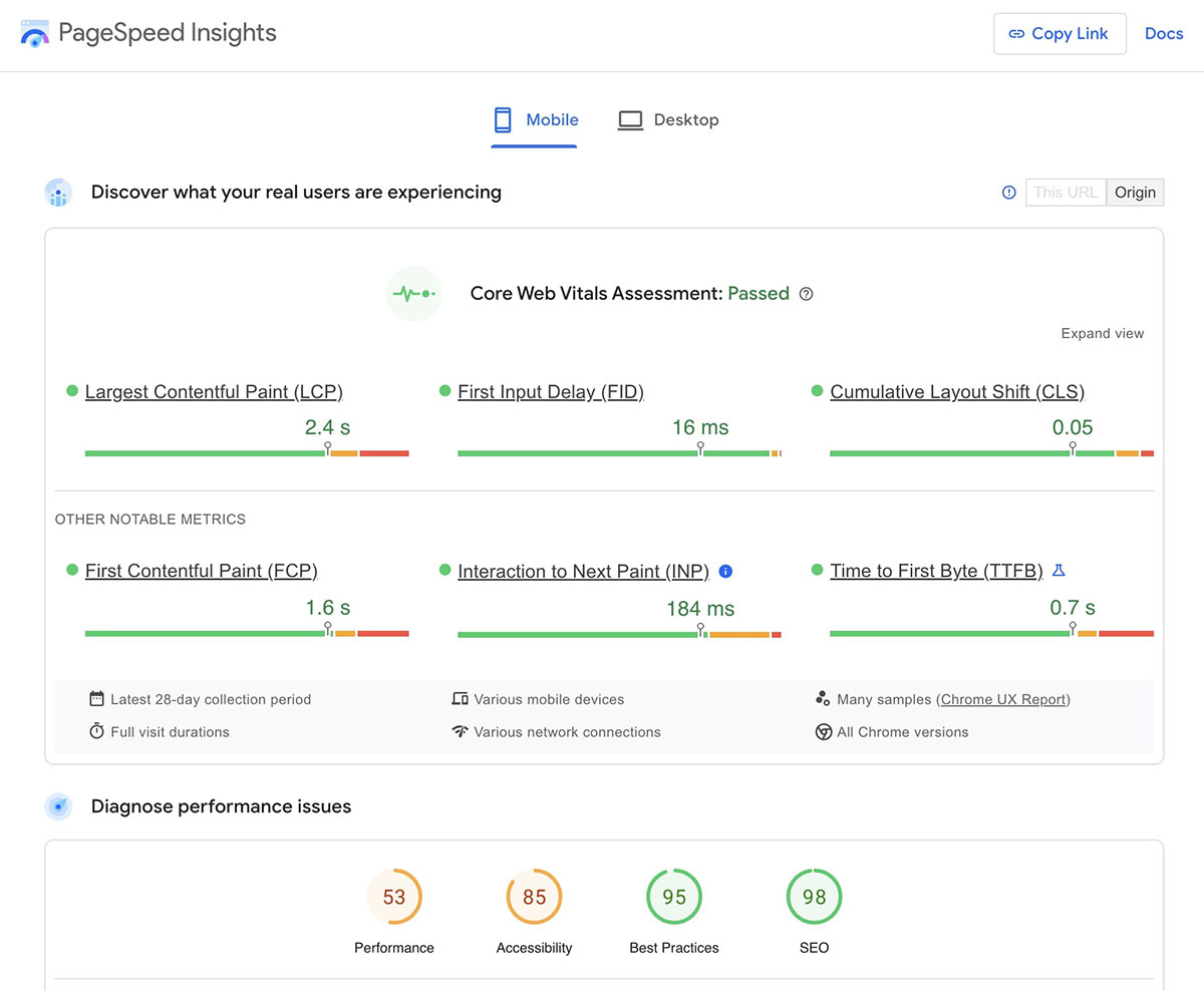 Έλεγχος τεχνικού SEO Pagespeed Insights
